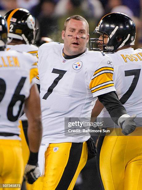 Pittsburgh Steelers Ben Roethlisberger reveals a bloody nose before returning to the bench in the first quarter against the Baltimore Ravens at M&T...