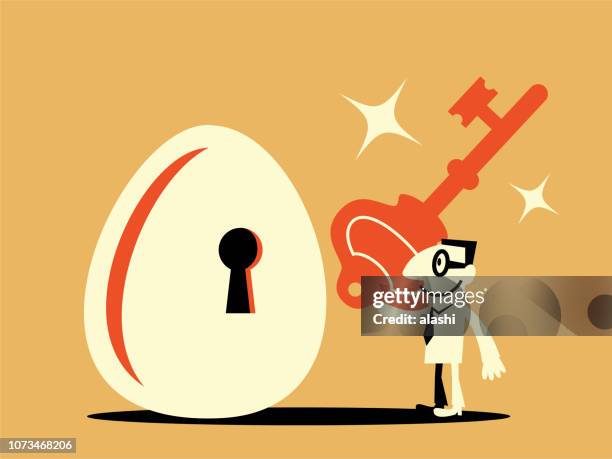 笑顔のビジネスマンの大きな鍵と鍵穴と大きな卵 - ハッチ点のイラスト素材／クリップアート素材／マンガ素材／アイコン素材