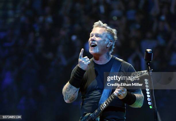 Singer/guitarist James Hetfield of Metallica performs during a stop of the band's WorldWired Tour at T-Mobile Arena on November 26, 2018 in Las...
