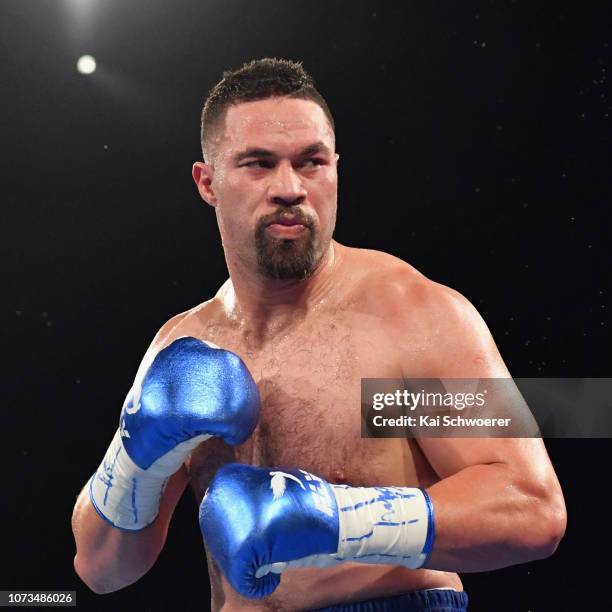 Joseph Parker looks on during the heavy weight bout between Joseph Parker and Alexander Flores at Horncastle Arena on December 15, 2018 in...