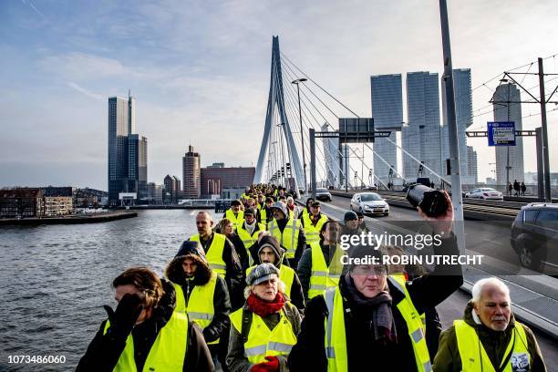 Protestors wearing yellow vests demonstrate on the Erasmusbrug in the centre of Rotterdam, on December 15, 2018. - The so-called gilets jaunes...