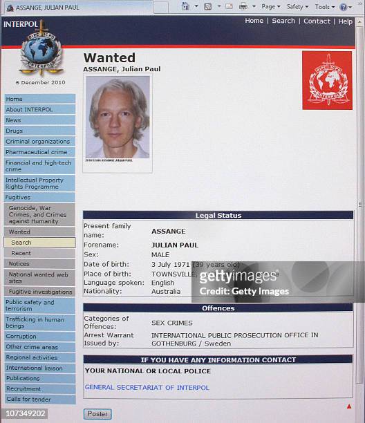 Detail from the Interpol website showing the appeal for the arrest of the editor-in-chief of the Wikileaks whistleblowing website, Julian Assange on...