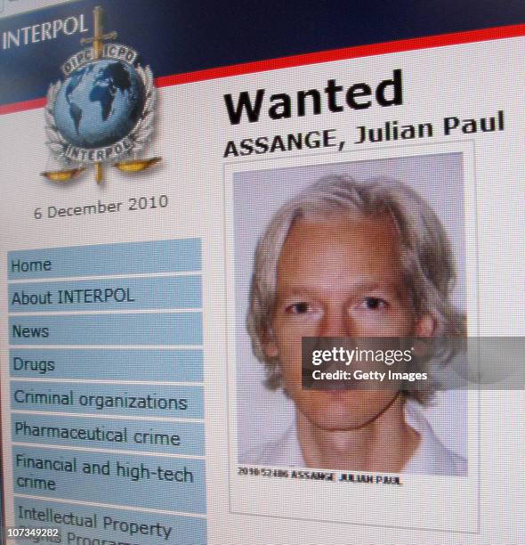 Detail from the Interpol website showing the appeal for the arrest of the editor-in-chief of the Wikileaks whistleblowing website, Julian Assange on...