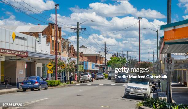 view of church street in the town center of gloucester, a country town in the manning district of the mid north coast of new south wales, australia, december 25, 2016 - country town australia stock pictures, royalty-free photos & images
