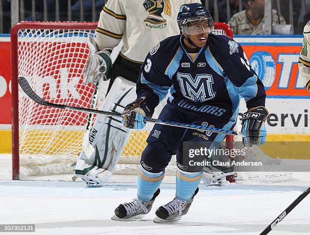 Devante Smith-Pelly of the Mississauga St. Michael's Majors skates in a game against the London Knights on December 3, 2010 at the John Labatt Centre...