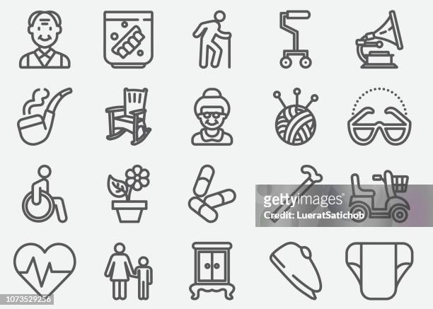 stockillustraties, clipart, cartoons en iconen met ouderen lijn pictogrammen - rolstoel