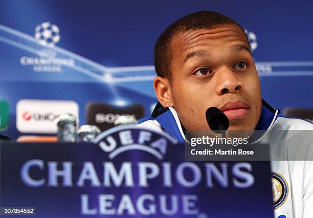 Jonathan Biabiany of Milano attends the press conference ahead of the UEFA Champions League Group A match against Werder Bremen at the Weser Stadium...