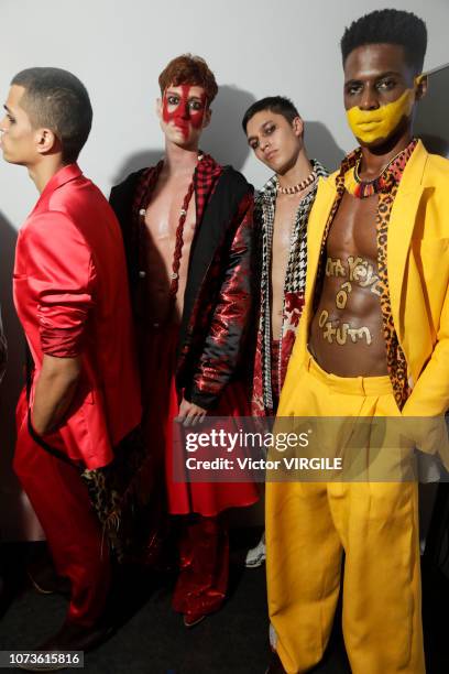 Model backstage during the Joao Pimenta Masculino fashion show during Sao Paulo Fashion Week N46 Fall/Winter 2019 on October 26, 2018 in Sao Paulo,...