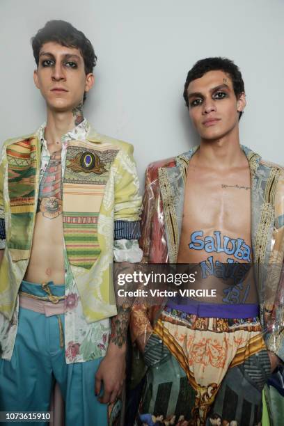 Model backstage during the Joao Pimenta Masculino fashion show during Sao Paulo Fashion Week N46 Fall/Winter 2019 on October 26, 2018 in Sao Paulo,...