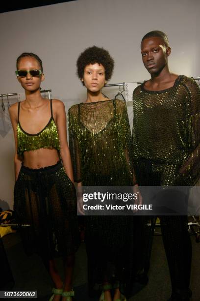 Model backstage during the Cacete Company fashion show during Sao Paulo Fashion Week N46 Fall/Winter 2019 on October 26, 2018 in Sao Paulo, Brazil.