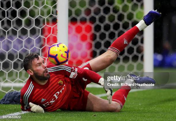 Ben Foster of Watford watches the ball during the Premier League match between Watford FC and Cardiff City at Vicarage Road on December 15, 2018 in...