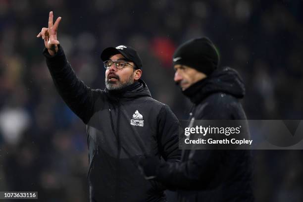 David Wagner, Manager of Huddersfield Town gives his team instructions during the Premier League match between Huddersfield Town and Newcastle United...