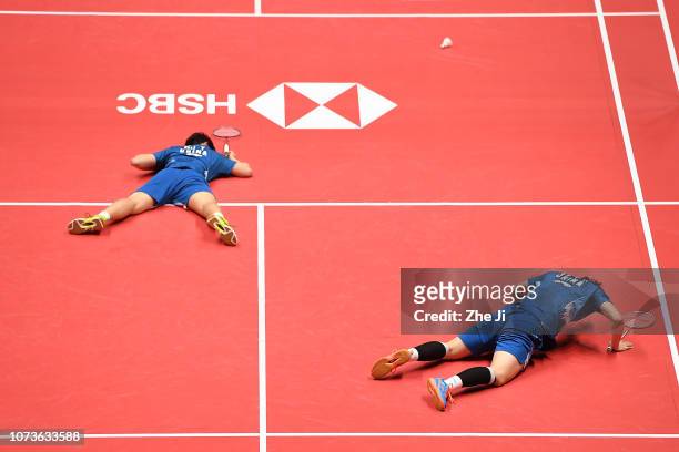 Du Yue and Li Yinhui of China react against Misaki Matsutomo and Ayaka Takahashi of Japan during their women's doubles semi-finals match on day 4 of...