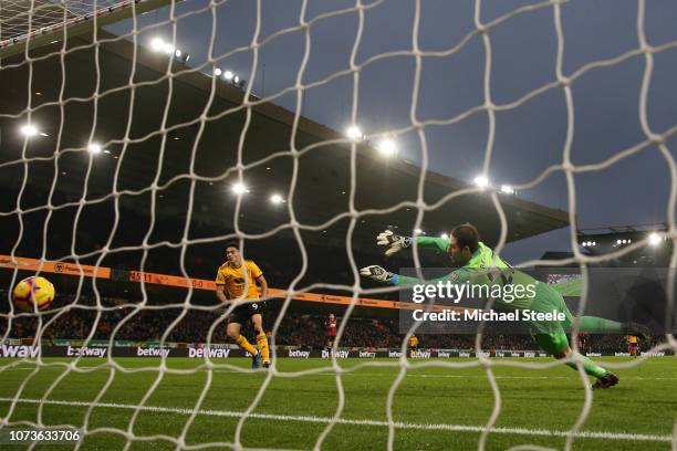 Raul Jimenez of Wolverhampton Wanderers scores his team's first goal during the Premier League match between Wolverhampton Wanderers and AFC...