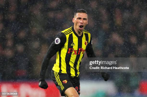 Jose Holebas of Watford celebrates after scoring his team's second goal during the Premier League match between Watford FC and Cardiff City at...