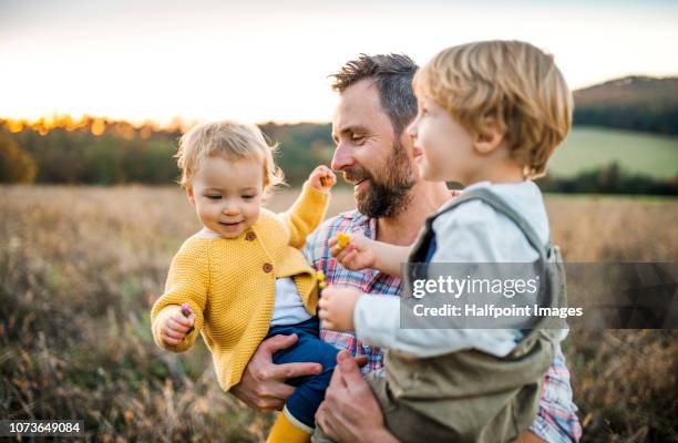 a father holding two toddler children on a meadow outdoors in autumn. - famiglia con due figli foto e immagini stock