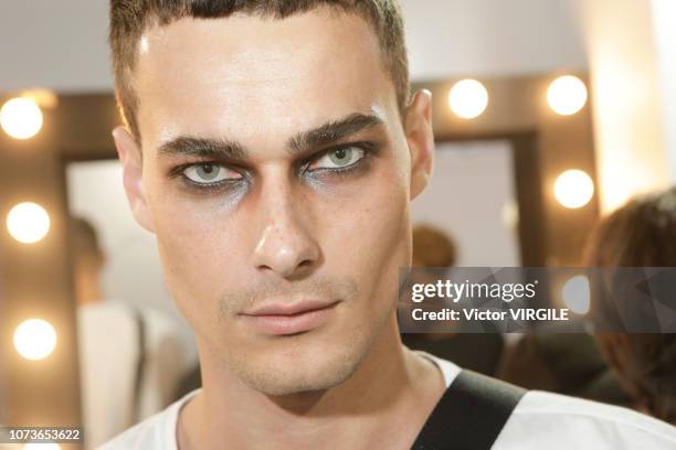 Model backstage during the Joao Pimenta Masculino fashion show during Sao Paulo Fashion Week N46 Fall/Winter 2019 on October 26, 2018 in Sao Paulo,...