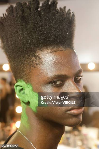 Model backstage during the Joao Pimenta Masculino fashion show during Sao Paulo Fashion Week N46 Fall/Winter 2019 on October 26, 2018 in Sao Paulo,...