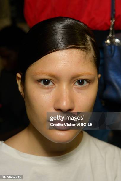 Model backstage during the Cacete Company fashion show during Sao Paulo Fashion Week N46 Fall/Winter 2019 on October 26, 2018 in Sao Paulo, Brazil.