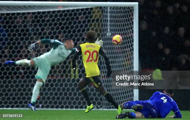 Domingos Quina of Watford scores his team's third goal during the Premier League match between Watford FC and Cardiff City at Vicarage Road on...
