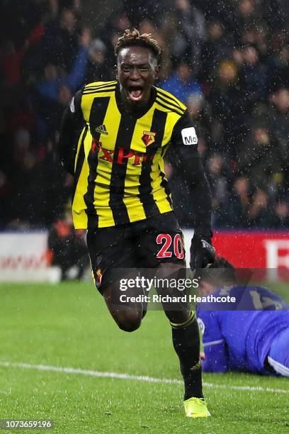 Domingos Quina of Watford celebrates after scoring his team's third goal during the Premier League match between Watford FC and Cardiff City at...