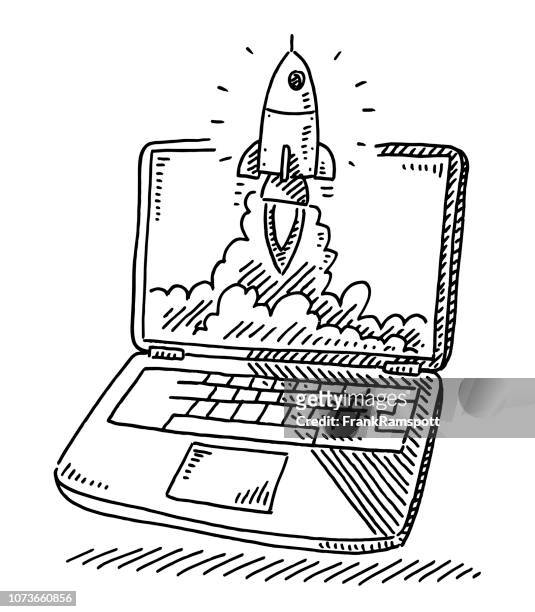 ilustrações de stock, clip art, desenhos animados e ícones de start up concept rocket laptop drawing - foguetão