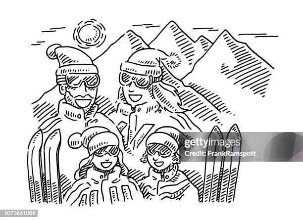 urlaub familie winterberge zeichnung - paar in sportkleidung stock-grafiken, -clipart, -cartoons und -symbole