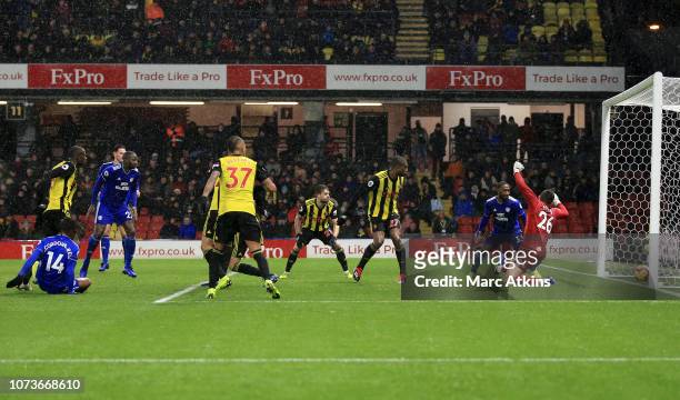 Bobby Reid of Cardiff City scores his team's second goal during the Premier League match between Watford FC and Cardiff City at Vicarage Road on...