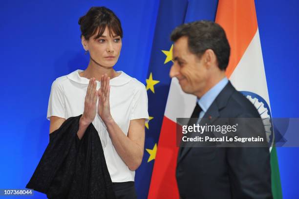French first lady Carla Bruni-Sarkozy and French President Nicolas Sarkozy attend a tribute to the victims to the Mumbai terror attack held at the...
