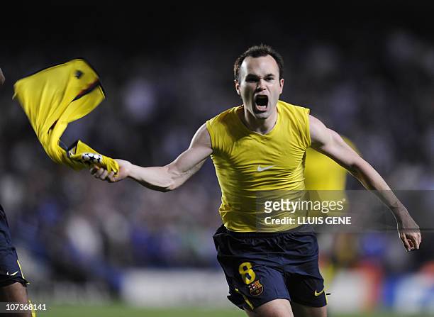 Barcelona´s midfielder Andrés Iniesta celebrates a goal against Chelsea during their Champions League semi-final, second-leg match against at the...