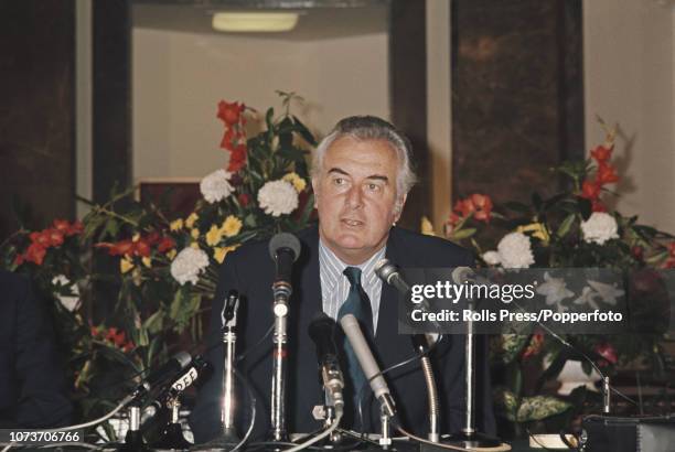 Prime Minister of Australia Gough Whitlam pictured addressing a press conference at Australia house in London on 25th April 1973.