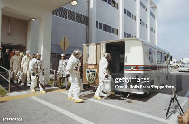 American astronauts and crew of the Apollo 10 mission, from left, Lunar Module pilot Gene Cernan, Command Module pilot John Young and Commander...