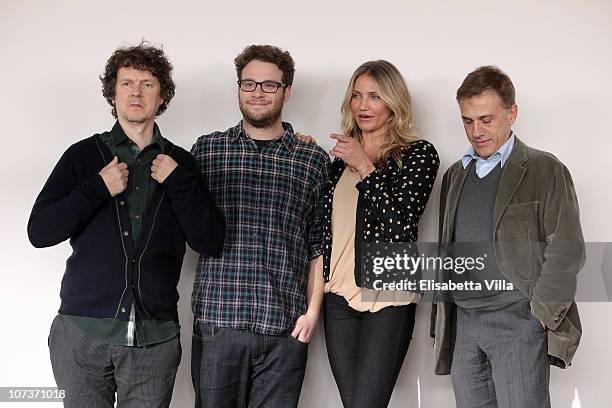 Director Michel Gondry poses with s Seth Rogen, Cameron Diaz and Christoph Waltz during the "The Green Hornet" photocall at Exedra Hotel on December...