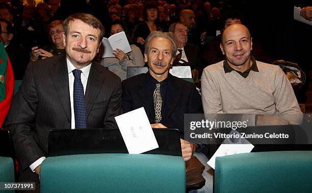 Giacomo Poretti, Giovanni Storti, Aldo Baglio attend the Ambrogino D'Oro 2010 held at Teatro Dal Verme on December 7, 2010 in Milan, Italy. The...