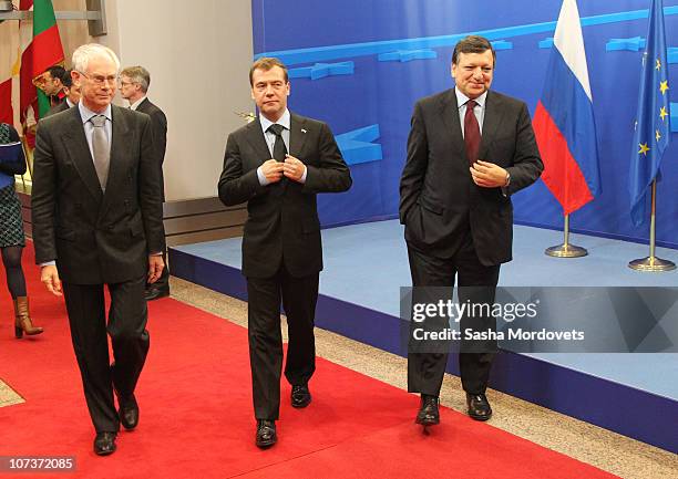 President Herman van Rompuy, Russian President Dmitry Medvedev and EU Commission President Jose Manuel Barroso are seen during a group photo durinng...