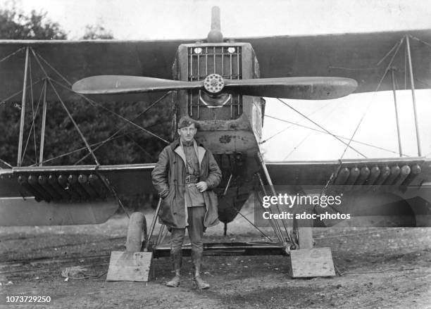 Major J. L. Dunsworth of the 96th Aero Squadron posing in front of his plane on the aerodrome of Amanty . On July 29, 1918.