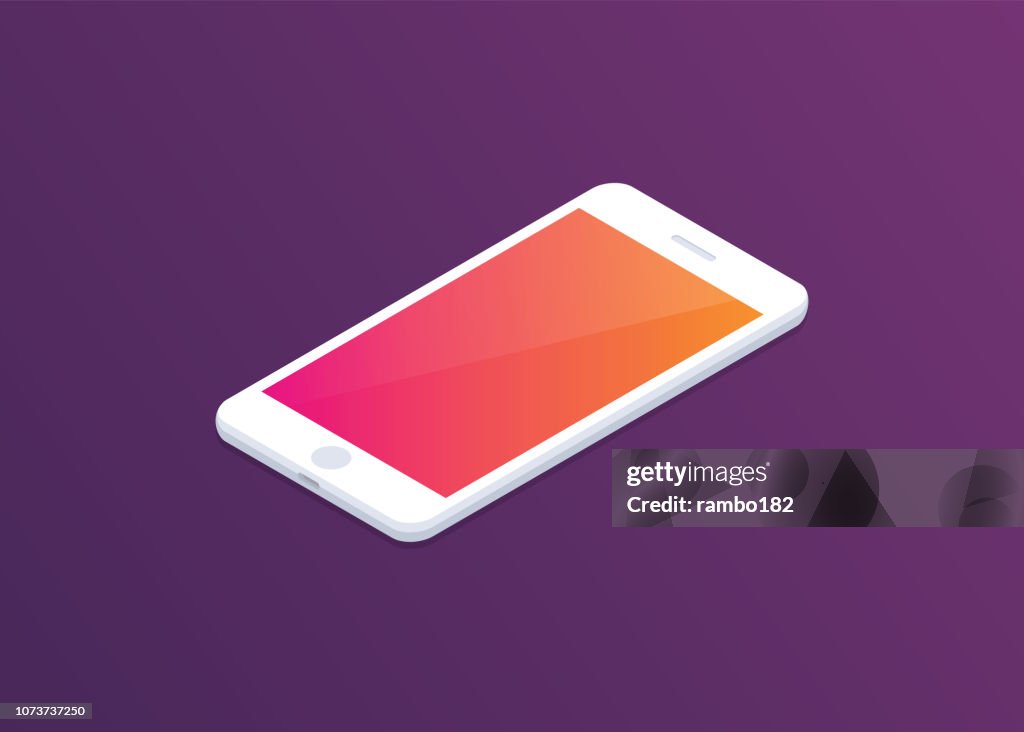 Smartphone con pantalla de colores sobre fondo oscuro. Dibujo isométrico. Diseño moderno.
