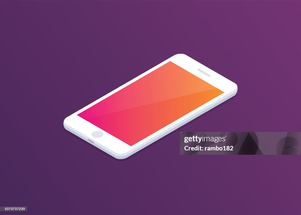 Smartphone con display colorato su sfondo scuro. Illustrazione isometrica. Design moderno.
