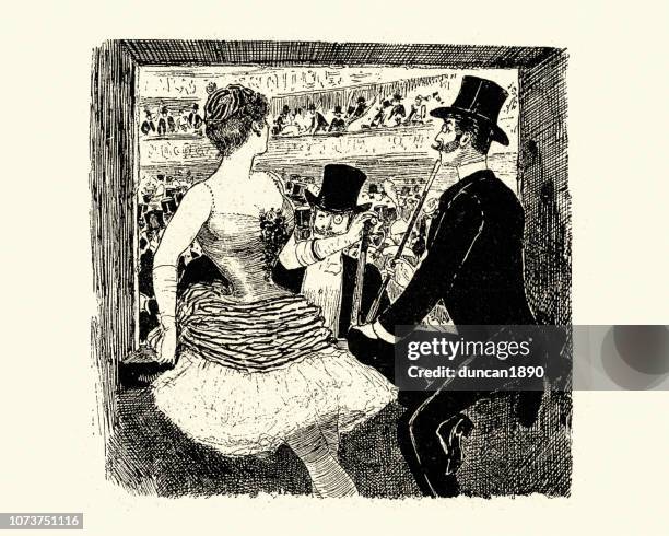 men flirting with actress showgirl at the theatre, 1880s - show girls stock illustrations