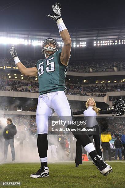 Linebacker Stewart Bradley of the Philadelphia Eagles is introduced before the game against the Houston Texans at Lincoln Financial Field on December...