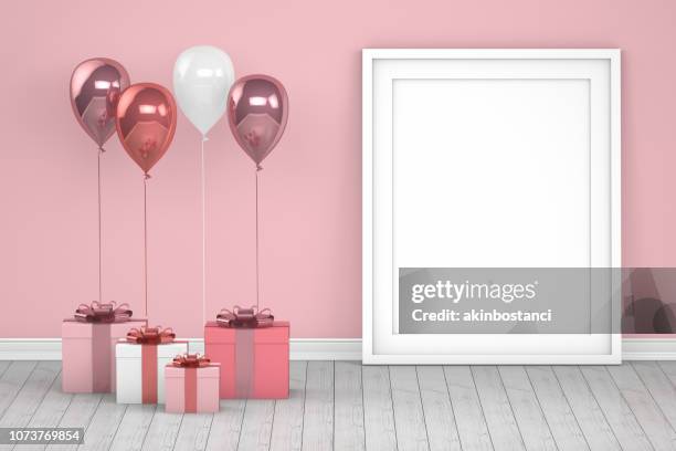 shiny pink and white color balloons with empty frame in empty room. christmas, valentine's day, birthday concept. - birthday template picture stock pictures, royalty-free photos & images