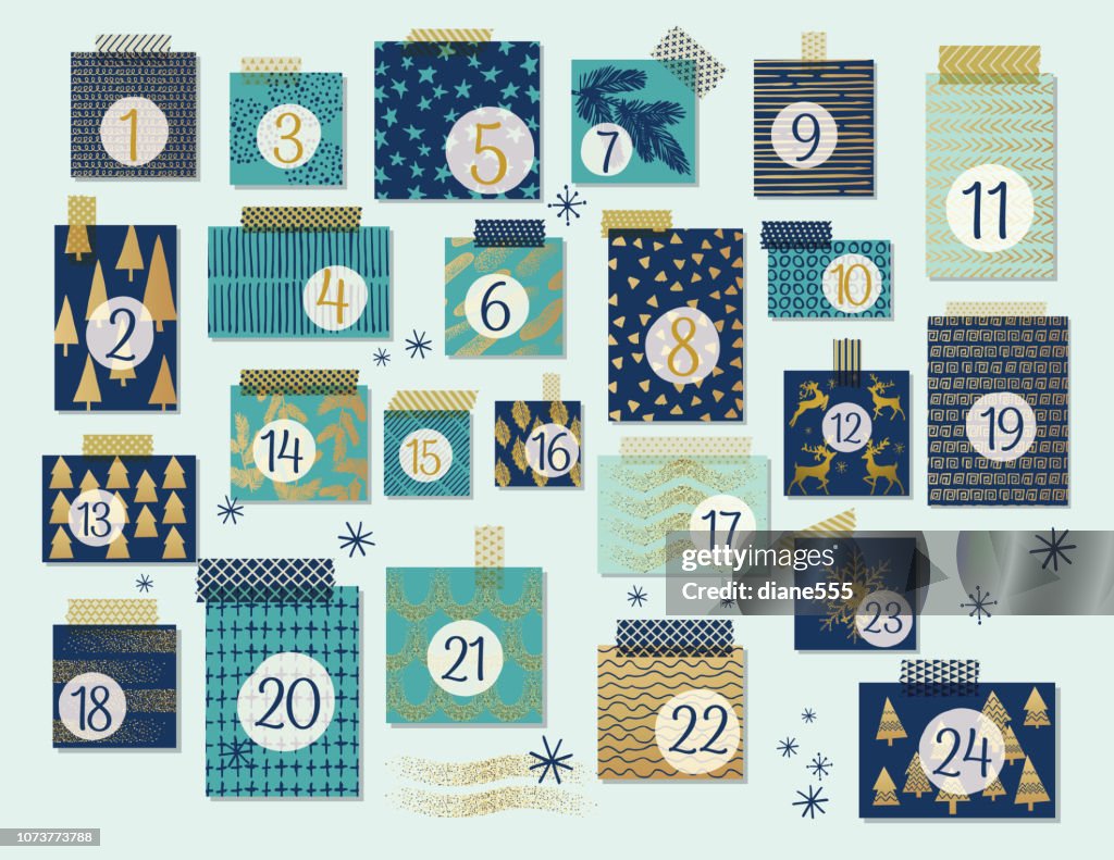 Moderno calendario dell'Avvento di Natale, menta e blu navy con punti salienti dell'oro