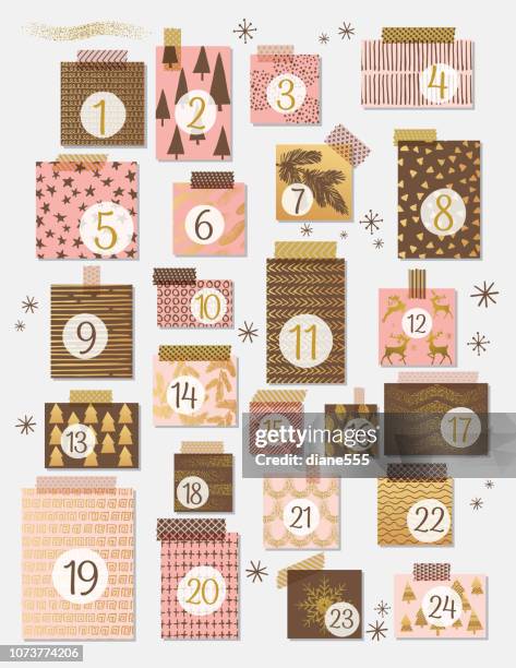 modern christmas advent calendar in pink and brown with gold highlights - advent calendar stock illustrations