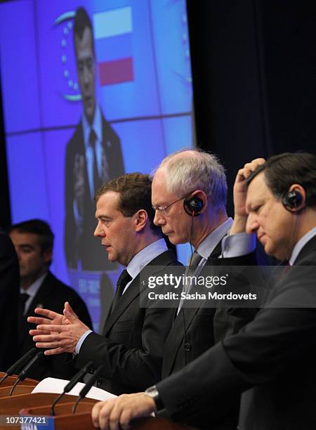 President Herman van Rompuy , Russian President Dmitry Medvedev and EU Commission President Jose Manuel Barroso attend a joint press conference as...