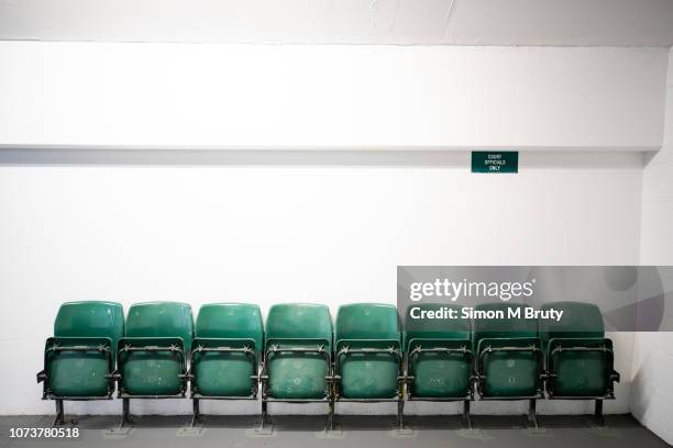 Seats reserved for officials at the start of The Wimbledon Lawn Tennis Championship at the All England Lawn Tennis and Croquet Club at Wimbledon on...