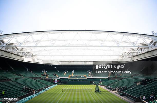 Center court being prepared for The Wimbledon Lawn Tennis Championship at the All England Lawn Tennis and Croquet Club at Wimbledon on June 29th,...