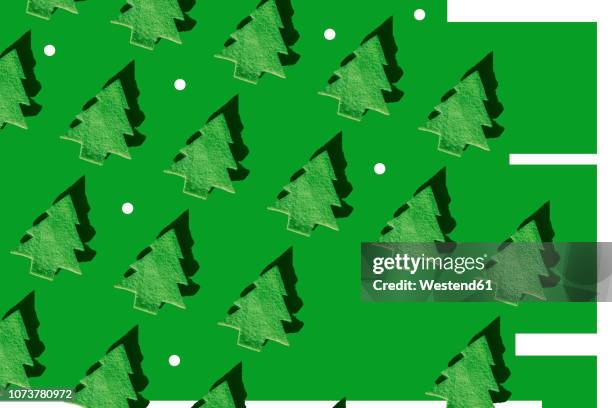 rows of green christmas trees and white dots on green ground, 3d rendering - the gap stock illustrations