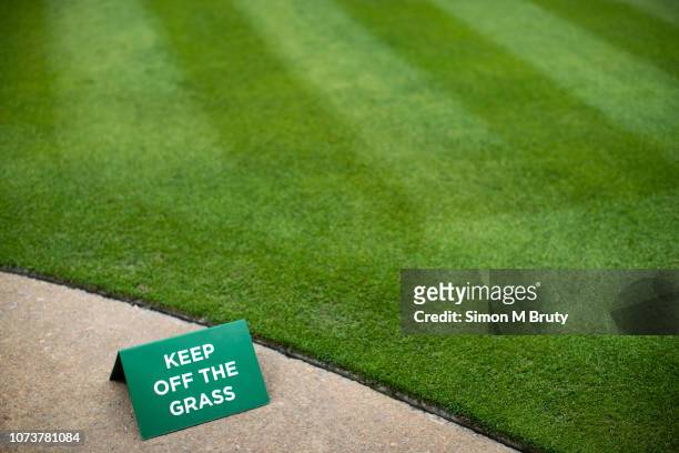 Sign on center court before the start of The Wimbledon Lawn Tennis Championship at the All England Lawn Tennis and Croquet Club at Wimbledon on July...