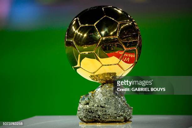 Picture shows Real Madrid's Croatian midfielder Luka Modric's Ballon d'Or trophy before the Spanish League football match between Real Madrid and...