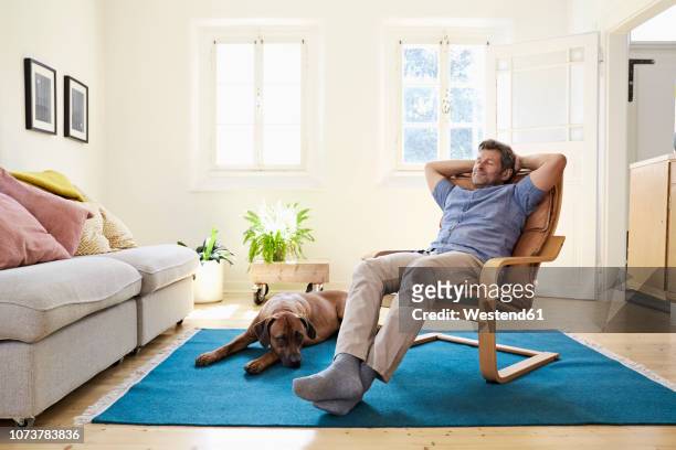 man relaxing at home with his dog by his side - comfortable foto e immagini stock